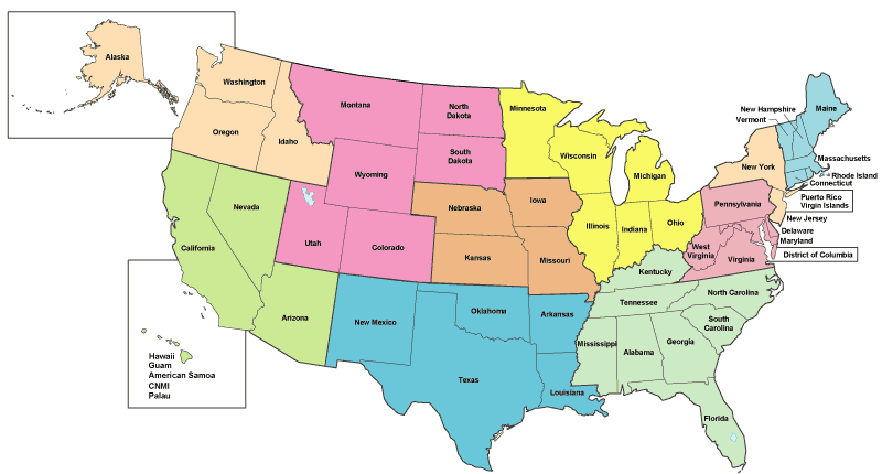 Map of entire United States including Alaska, Hawaii and the territories and commonwealth of the United States.